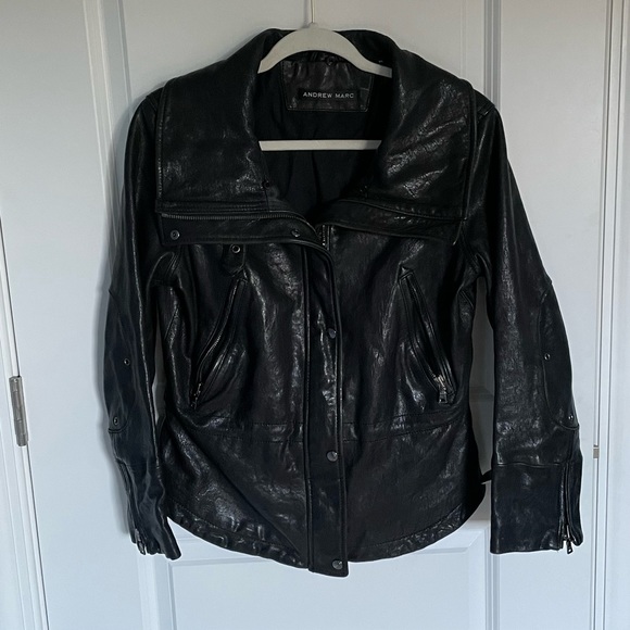 Andrew Marc wide collar zip genuine real Leather Jacket women’s black - Picture 2 of 14